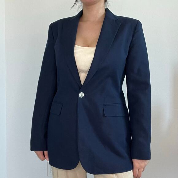 Lauren Ralph Lauren Navy Cotton Silk Blazer Size 4 Classic One Button Silk blend - Picture 13 of 14